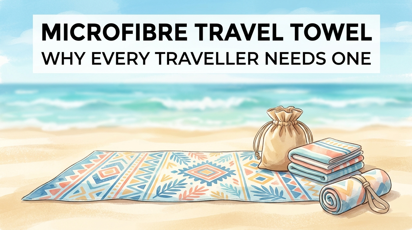A compact quick-dry microfibre travel towel and its drawstring bag on a sunny beach
