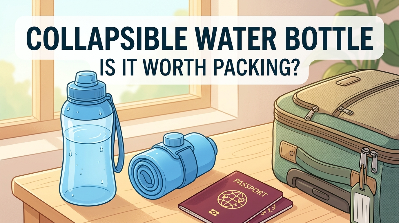 Collapsible travel water bottle - is it worth packing? Shown expanded and rolled up flat