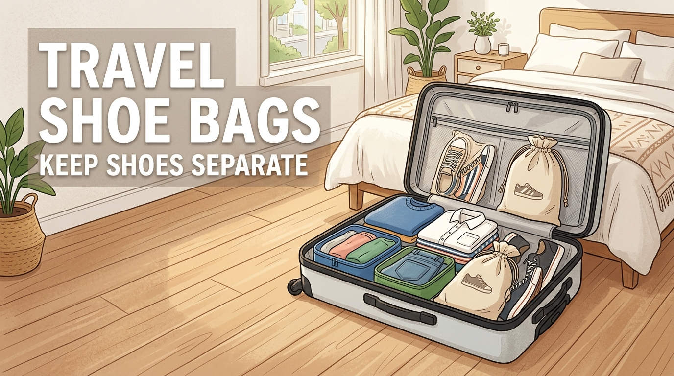 Travel shoe bags keeping shoes separate from clean clothes in a packed suitcase