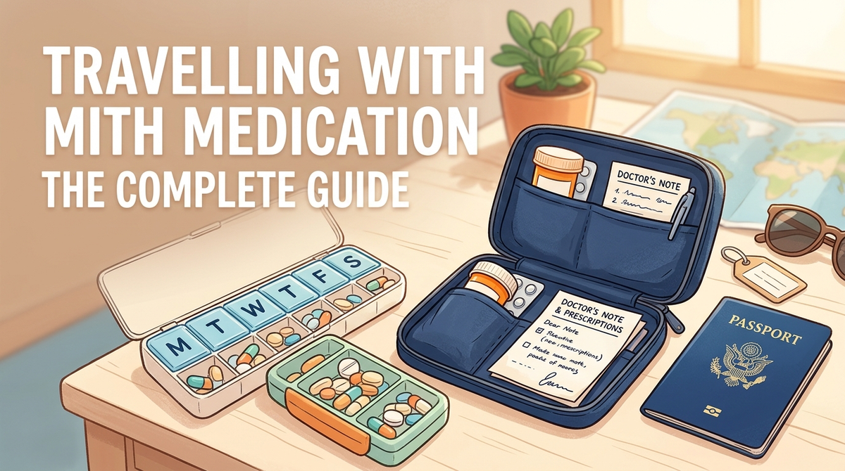 How to travel with medication - an open travel pill organiser with pill bottles, a doctor's note and a passport